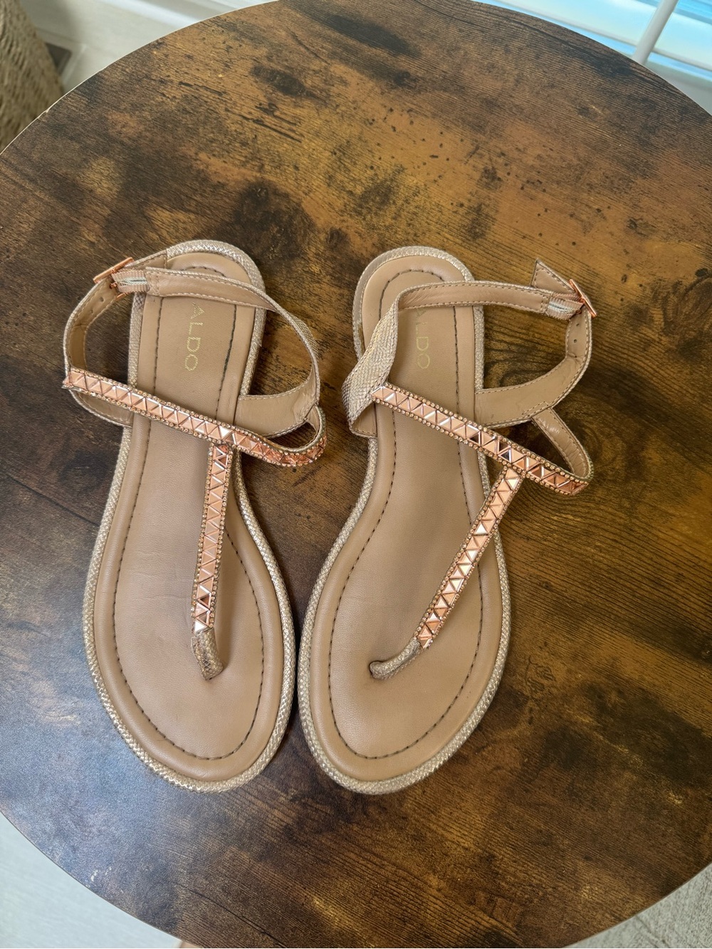 Aldo Tan Sandals with Rose Gold Pyramid Stud T-Strap